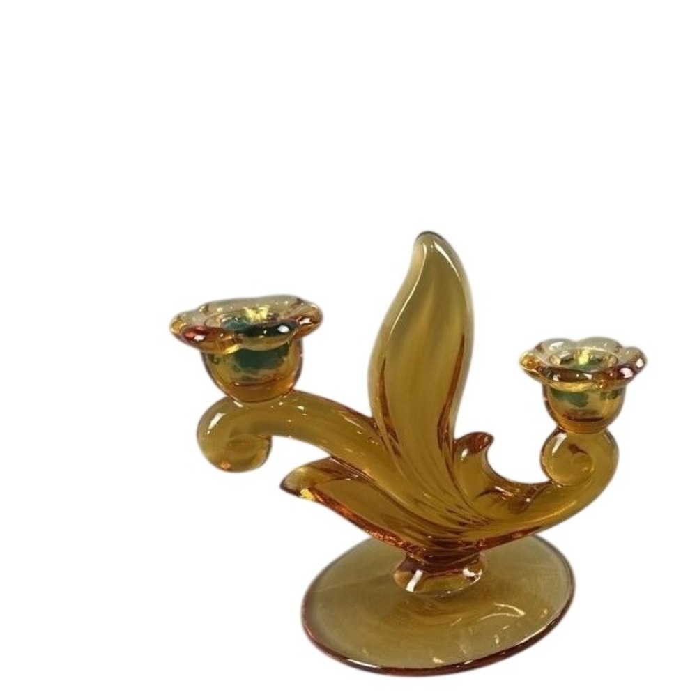 Vintage‎ Amber Art Glass 2-Light Candelabra Double Candle Holder MCM Swung Style
